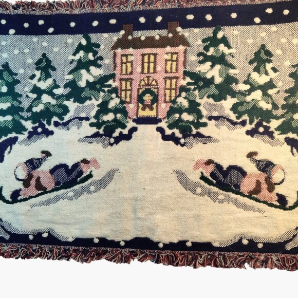 Sledding Snow Scene Tapestry Placemat Vintage Christmas Woven 18 x 14 lot 4 - Picture 7 of 10
